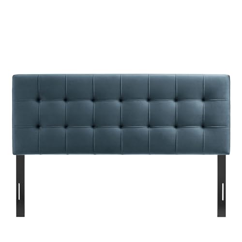 Image of Modway Lily Performance Velvet King Size Headboard with Biscuit Tufting in Cadet Blue - Stain-Resistant Upholstery with Padded Design and 5 Height-Adjustable Mounts