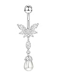 PENLYU Piercing de ombligo de acero quirúrgico 316L de calibre 14, con perla, mariposa, con circonita cúbica transparente, barra de tornillo de plata de 10 mm, extremo de bola, 14 G