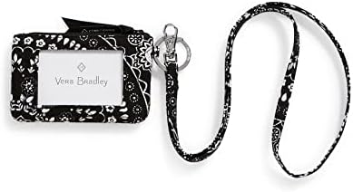 Vera Bradley Women's Cotton Zip ID Case and Lanyard Combo, Black Bandana Medallion, One Size