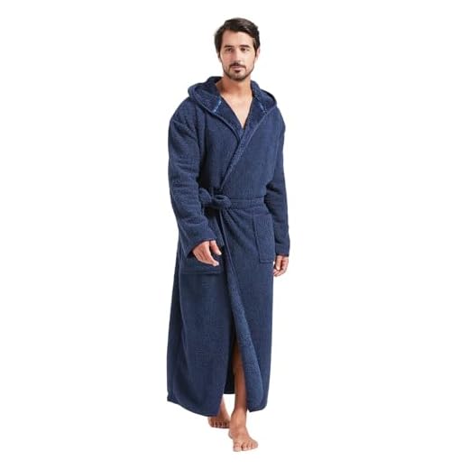 FashGudim Roupão masculino de pelúcia 400 g com capuz, comprimento total, inverno, longo, luxuoso, com capuz, para homens, grandes e altos, Azul marino, XGG-3G