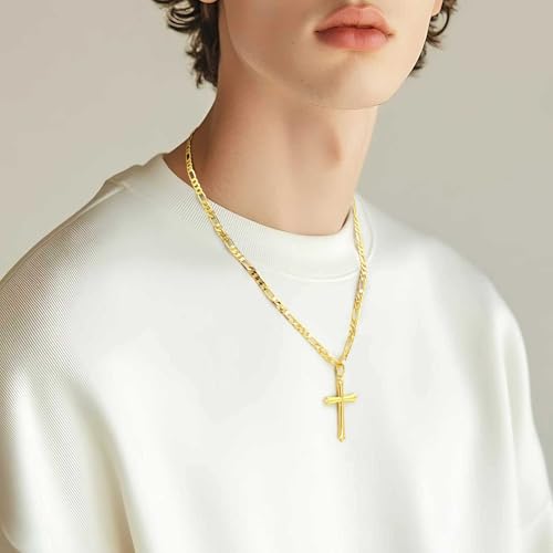 SPOINT Mens Cross Necklaces 14K Gold Cross Necklace for Men Paired with 4.3MM Figaro Chain Engineered for Comfort Gold Crosses Pendant Necklace 20/22/24in4