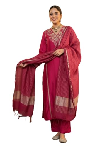 Image of Klosia Women Embroidery Solid Straight Kurta and Pant Set with Dupatta