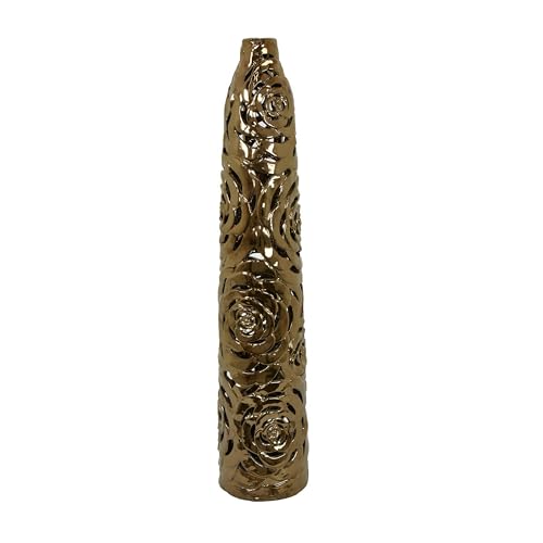 Benjara Reky Tall Vase, Rose Cut Floral Patterns, Slim Profile Bronze Ceramic