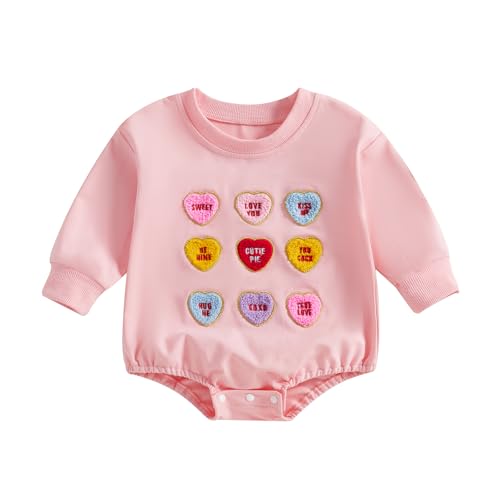 Image of Amnnchya Valentines Day Baby Girl Outfit Heart Long Sleeve Bubble Sweatshirt Romper Newborn Girls Fall Winter Clothes