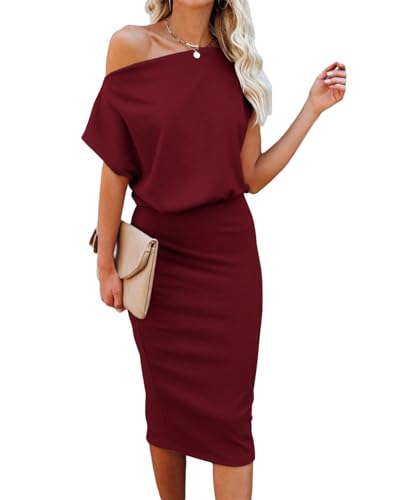 Image of EZBELLE Women's Summer Dress Off The Shoulder Short Sleeve Ribbed Casual Party Bodycon Midi Dresses