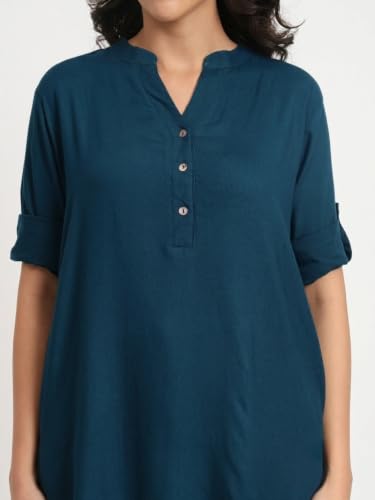 Image of Women's Roll-Up Sleeve Tunic Top, V-Neck with Button Front, Side Pockets, Rayon Short Kurti