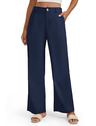 Enmain Pantalones de Lino Mujer Azul Marino Pierna Ancha Pantalones Oficina para Mujer Algodón Cintura Alta Pantalon de Vestir con Bolsillos M