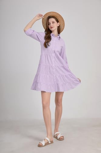 Image of utcoco Womens Striped Button Down Midi Shirt Dress Casual Loose Cuffed Long Sleeve Mid Long Dresses