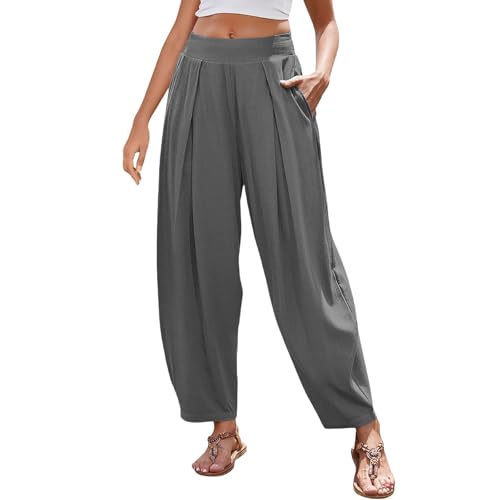Linen Harem Capri Pants for Women Loose Fit Beach Vacation Boho Pant High Waisted Wide Leg Cropped Summer Trousers