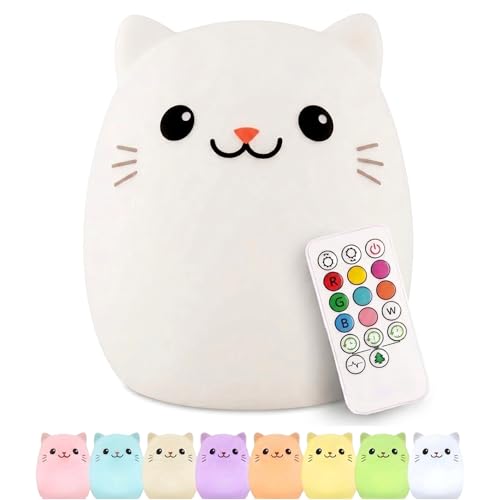 Image of Lumipets Cat Silicone Night Light for Kids, Squishy Lamp with Remote | Tap Control | Rechargeable 9-Color Changing | Nursery Nightlight for Boys & Girls | Portable Animal Lamp | USB Cord Included