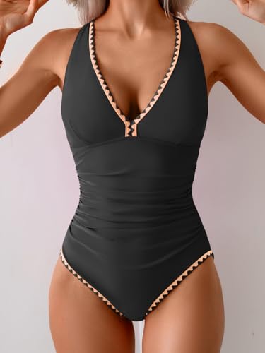 Image of B2prity One Piece Swimsuit for Women Tummy Control Ruched Bathing Suit Push Up Tie Back Swimwear Shell Stitched