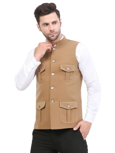 Image of FH Wearza Polywool tweed Solid multipocket Sleeveles Nehru Jacket For Men