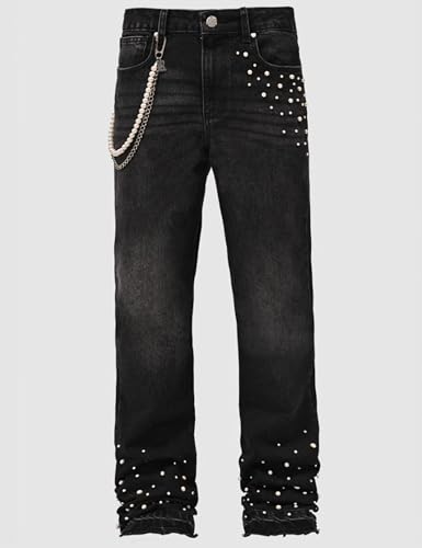 CosTribe Men's Straight Leg Jeans Pearl Patch Casual Denim Pants Baggy Pants with Pockets Ripped Slim Fit Jeans4