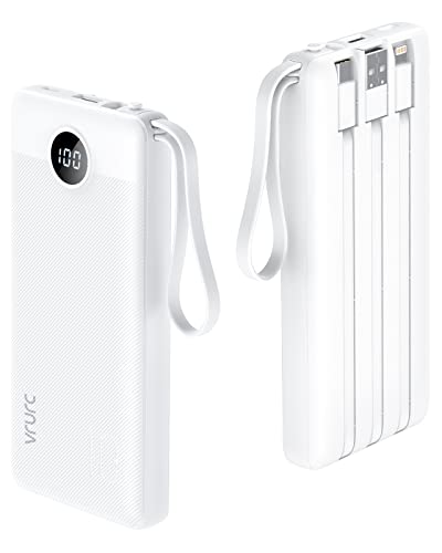 VRURC Batterie Externe 10000mAh Power Bank USB C Ultra Slim Chargeur Portable câble intégré avec l'Ecran LED et 5 Sorties 2 Entrées pour Téléphone (Blanc)