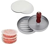 winmiya Prensa de hamburguesas de aluminio antiadherente para hacer hamburguesas con 100 hojas de papel para hamburguesas, hace fácilmente deliciosas hamburguesas