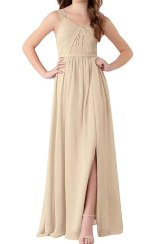 Sleeveless Toddler Flower Girls Dress Satin Jr Bridesmaid Dresses Girls Long Champagne Dress V Neck Spaghetti Strap Junior Dresses for Teen Kids Formal Gowns Size 10-12