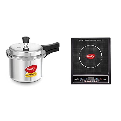 Image of Pigeon by Stovekraft Kitchen Combo - Favourite Aluminium Pressure Cooker 3L with Outer Lid + Cruise 1800W Induction Cooktop, Crystal Glass, LED Display, Auto Switch Off, Black