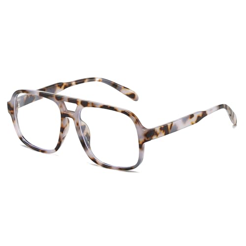 Image of Mirkcittle Retro Square Aviator Blue Light Blocking Glasses for Women Men Oversized Pilot Eyeglasses Fake Nerd Frame
