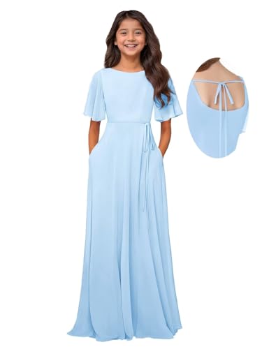 Junior Bridesmaid Dresses for Girl Chiffon Short Sleeve Bateau Neck Formal Party Gown A-Line Flower Girl Dress3