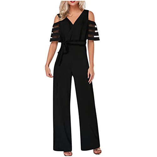 HGps8w Women's Cold Shoulder Dressy Jumpsuits Elegant Mesh Sleeve Belted High Waisted Wide Leg Rompers Formal Pantsuits