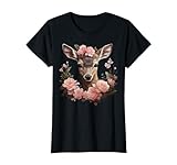 Reh Hirsch mit Blumen Trachtenshirt Damen