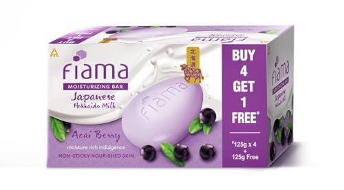 Image of Fiama Skin Barrier Strengthening Moisturizing Soap Bar 125gx5, Acai Berry & Japanese Hokkaido Milk Celebration Pack of 5, Non-Sticky Softness,| 1 /3rd Skin Moisturizers, For Men & Women