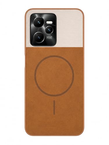 Image of Bintage Mac Safe Design Hard Slim Back Case | Soft Border Camera Protect | Dual PU Leather Finish Back Cover Compatible for Realme C35 4G - White & Brown