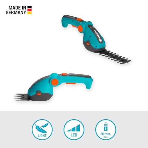 Gardena Set Akku-Gras- und Strauchschere ComfortCut Li: Rasenkantenschere und Strauchschneider, abwinkelbarer Komforthandgriff mit LED-Anzeige, Messerwechsel ohne Werkzeug (9888-20)