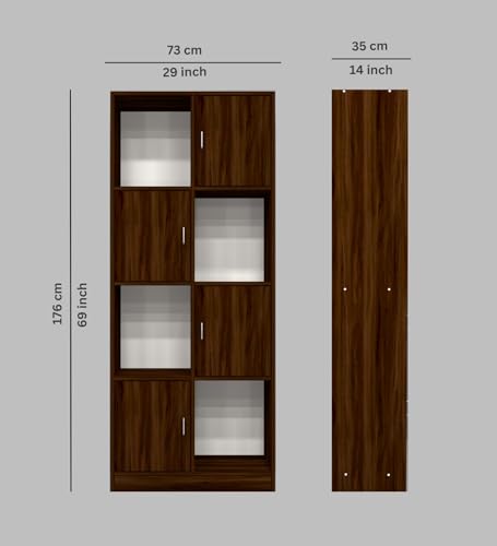 Image of SPECIALITY PANELS Bookshelf with 4 Open and 4 Closed Compartments, Brown Wood Finish, 176x73x35 cm, with Carpenter Assembly