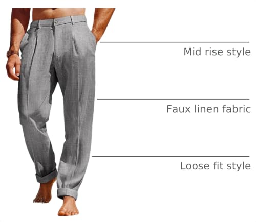 Image of Runcati Mens Casual Pants Elastic Waist Lightweight Loose Pleated Slacks | Summer Beach, Yoga Trousers, Button Closure, Straight Leg, With Pockets, Solid Color