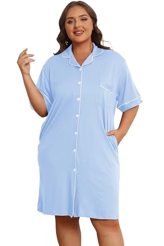 Image of Vozanet Women Button Down Nightgown Plus Size Nursing Nightshirt Boyfriend Nighty Bridal Sleepdress with Pockets XL-5XL