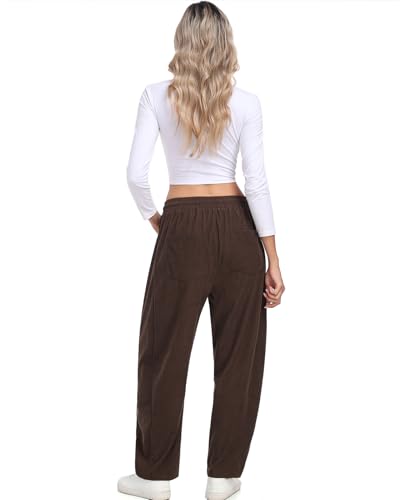 HOTIAN Womens Corduroy Pants Barrel Mid Rise Elastic Waist Loose Comfy Casual Baggy Trouser with Pockets4