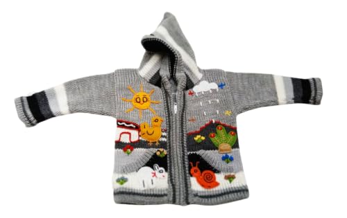 Image of Kids Sweater Handmade Cardigan with Embroidered Details Sweater Hooded Girl Boy Peru Ecuador Bolivia Chile Arpilleras Style.