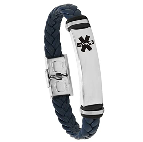 LiFashion LF Mens Stainless Steel Braided Leather Medical Alert Wristband Sos ICE Personalized Customized Medical ID Bracelet Awareness Emergency for Husband Son Boyfriend Grandpa Dad,Engraving