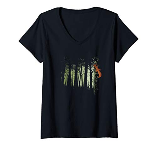 Damen Eichhörnchen im Wald Zwielicht Schickes Oachkatzl Forst T-Shirt mit V-Ausschnitt