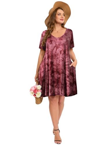 Image of ZENNILO Women's Plus Size Swing Dress with Pockets Casual Summer Dresses V Neck Short Sleeve T Shirt Dress for Women