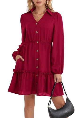Puoikzl Vestido corto casual de manga larga con cuello en V y volantes y botones para mujer, Rojo