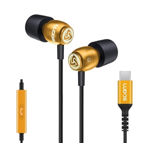 LUDOS Clamor USB C Headphones for iPhone 16 15 Pro Max Plus iPad Pro, 5 Years Warranty, USB-C Earbuds for Samsung Galaxy S24 S23 Ultra S22 S21 FE S20 A55 A54 A53, USB Type C Earphones - Gold