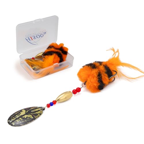Pike Musky Walleye Fishing Lure Spinnerbait with Feathered Hooks Rooster Tail Fishing Lures Spoon Lures Baits with Tackle Box (Style A-Orange)
