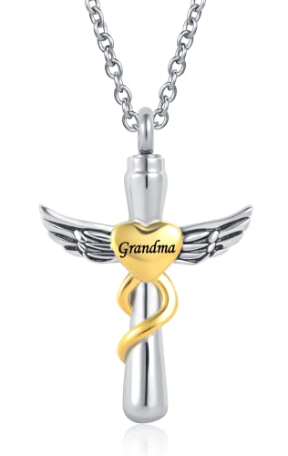 Guardian Angel Wing Cremation Urn Necklace for Human Pets Ashes Cross Keepsake Memroial Jewelry Gift Women Men