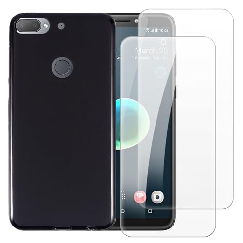 Shantime Case with 2 Pack Screen Protector Combo Compatible with HTC Desire 12+, Shockproof Cover and Tempered Glass Set for Full Body Safety(Black)
