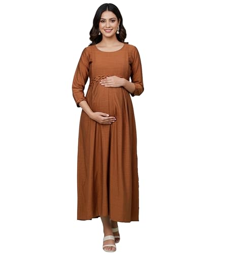 Image of DUMMY SHAPE Maternity Gown for Women | Floral Anarkali Flare Kurta with Dual Nursing Zippers | Pregnancy & Breastfeeding | Feeding Kurtis | Baby Shower | Mom to Be Gifts for Pregnant Woman Rust Brown