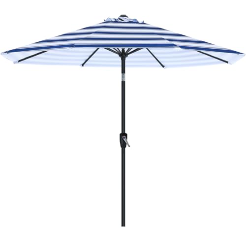 Image of ABCCANOPY 9FT Patio Umbrella Outdoor 8 Ribs Table Umbrella | Fade & UV Resistant Fabric,8 Fiberglass Ribs,Smooth Crank System,Blue White Stripes,Great for Patio,Backyard,Garden,Deck