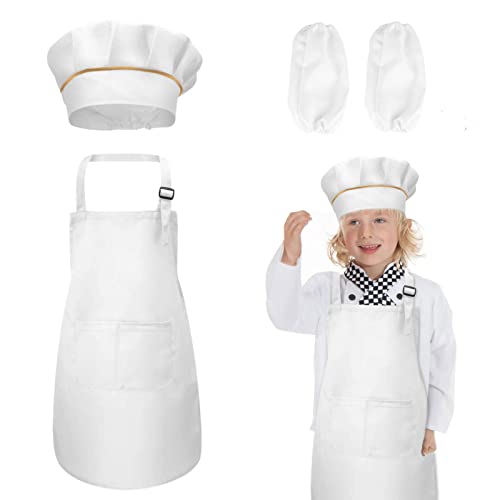 TSHAOUN Delantal Infantil Delantal para Niños + Gorro + Mangas De Cocinero Delantal Ajustable con 2 Bolsillos Disfraz Cocinero Niño para 5 12 Años Chico Chica Pintura y Hornear Cocinar (L, Blanco)