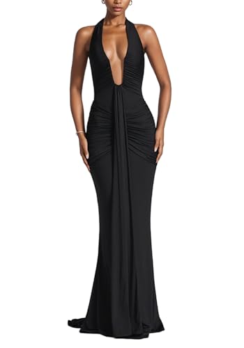 DINGANG Women's Sexy Halter Maxi Dress V Neck Sleeveless Bandage Ruched Bodycon Formal Cocktail Dresses