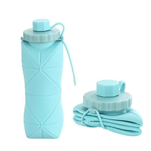 GYJZZW Botella de agua plegable de 20 onzas (600 ml), botella de agua plegable de silicona sin BPA con tapa a prueba de fugas y correa de transporte, portátil para viajes, gimnasio, senderismo