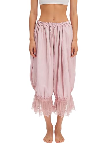 Image of NUFIWI Women Ruffle Long Bloomer Y2k Lace Trim Pettipants Pantaloons Mid Rise Cropped Pajama Pants Under Dress Slips