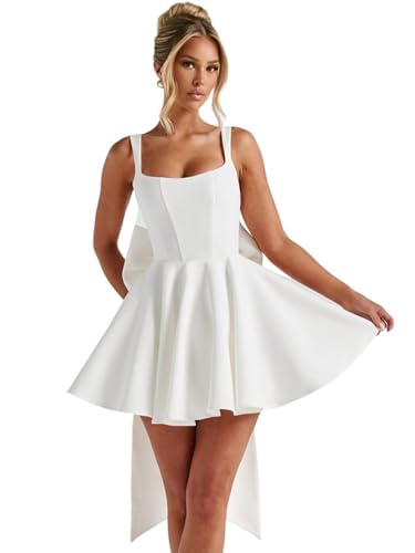 ouhati Women’s Plus Size Satin Homecoming Dresses White Short A-line Pleated Spaghetti Straps Bow Back Wedding Dress US16W