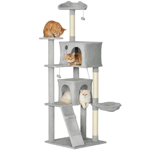 PawHut Arbre à Chat Hauteur 180 cm, Tour de Jeux pour Chat, platesformes, niches, lit en Peluche, hamac, échelle et balles suspendues, griffoirs en sisal, plusieux Niveaux, Gris Clair