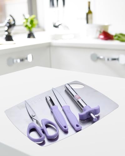 Image of Anjali 5-Piece Kitchen Tool Set - 1 Chopping Board, 1 Knife, 1 Peeler, 1 Scissor, 1 Lighter - Ideal for Cooking, Food Prep, and Various Uses for Home & Kitchen- Purple